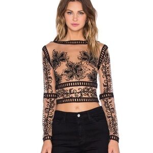 For Love And Lemons Black and Tan Embellished Crop Blouse small